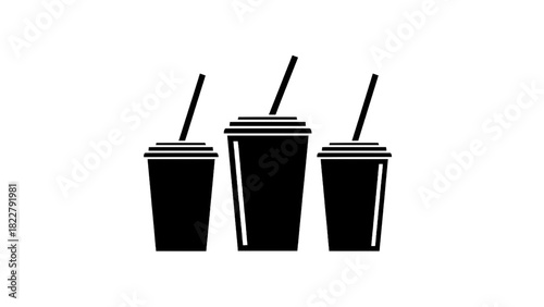 Vector illustration of three black silhouette icons of disposable beverage cups with lids and straws isolated on transparent background