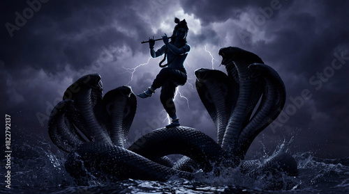 Lord krishna playing flute on the multiheaded serpent kaliya amidst a dramatic stormy sky and water