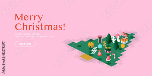 Merry Christmas Tree Isometric Web Banner. Vector Illustration of Isomerty Winter Objects. Seasonal Greetings. Happy New Year.