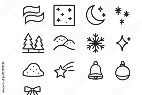 Winter Night Icons. Winter Night Lights. Line outline icon set of Winter Night Lights: aurora waves, starry