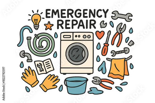 Emergency Repair Doodle. Emergency repair. Hand-drawn doodle illustration of emergency repair. Washing machine