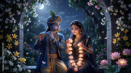 Krishna and radha in a mystical moonlit garden, surrounded by glowing flowers and serene beauty