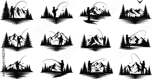 Fly Fishing and Mountain Landscape Vector Collection, Black Silhouette Set of Fishermen Casting Rods in Wilderness Scenery, Forest and Nature Adventure Icons.