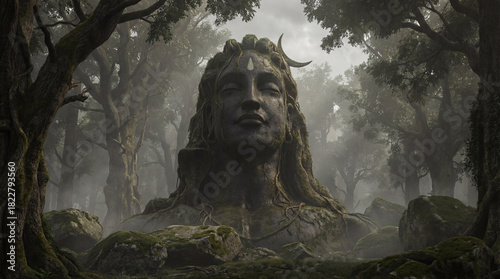 Fototapeta Naklejka Na Ścianę i Meble -  Majestic ancient stone deity statue covered in moss and vines, nestled within a mystical, misty forest landscape