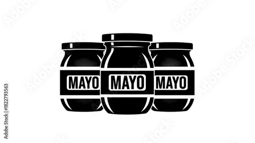Vector illustration of three black and white stylized jars of mayonnaise with the word mayo on the label isolated on transparent background
