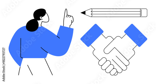 Woman gesturing confidently, pencil signifying creativity, handshake representing partnership and trust. Ideal for business, teamwork, leadership, education, negotiation, planning cooperation