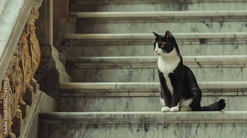 Fototapeta Naklejka Na Ścianę i Meble -  A black and white cat is sitting on a marble staircase
