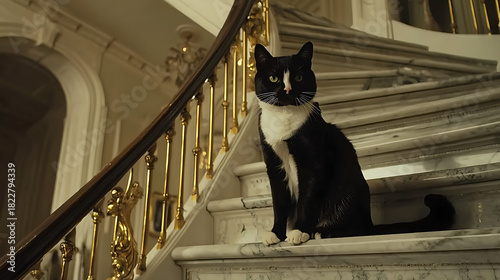 Fototapeta Naklejka Na Ścianę i Meble -  A black and white cat is sitting on a marble staircase