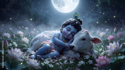 Baby krishna sleeping peacefully with a gentle calf under a luminous full moon in a magical, flowerfilled forest