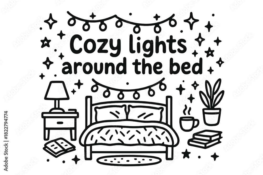 Fototapeta premium Cozy Bed Lights. Cozy lights around the bed. Hand-drawn doodle illustration of cozy lights around the bed. Bed