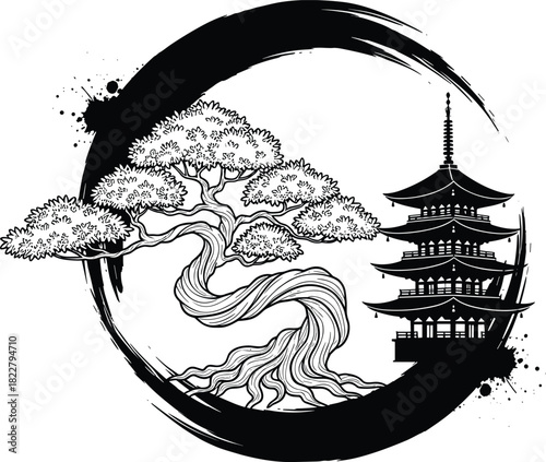 Japanese Zen concept black and white vector illustration with ancient pagoda and twisted bonsai tree inside an ink brush stroke circle for travel design