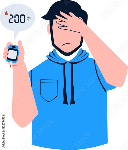 Diabetes test illustration. Checking blood sugar level with glucometer. World Diabetes Day. High blood sugar person 