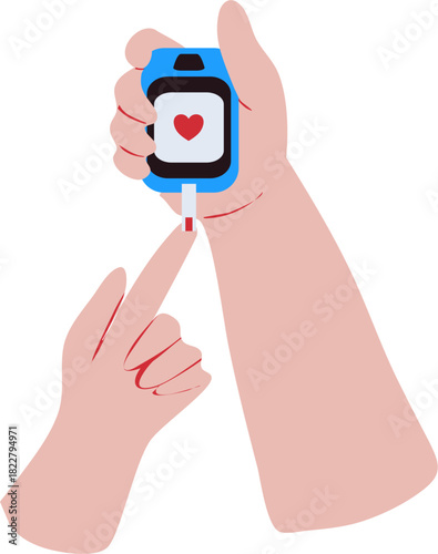 Diabetes test illustration. Checking blood sugar level with glucometer. World Diabetes Day.