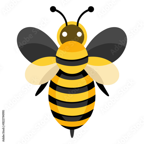 Cartoon bee with black head, striped body, and gradient wings on white background Keywords: bee, insect, cartoon, illustration, yellow, black