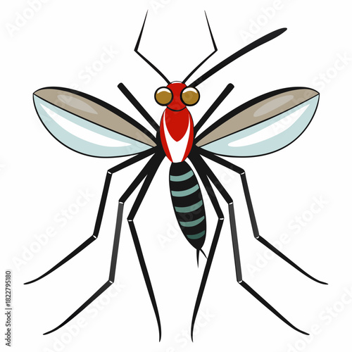 Cartoon mosquito with red body and striped abdomen on white background insect flying