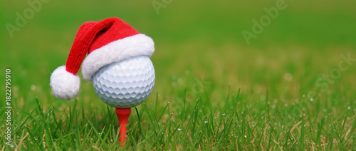 golf ball on green grass, with santa hat