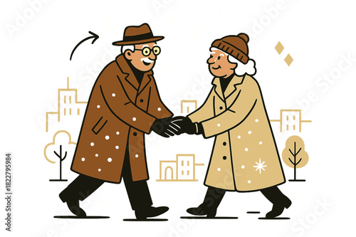 Charming Snowy Stroll. Snowy romance. Elderly couple in long coats, hats, and gloves holding hands under a