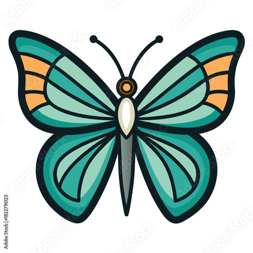 Teal and orange butterfly illustration with dark outline Keywords: butterfly, insect, teal, orange, yellow, white, grey, black outline, wings