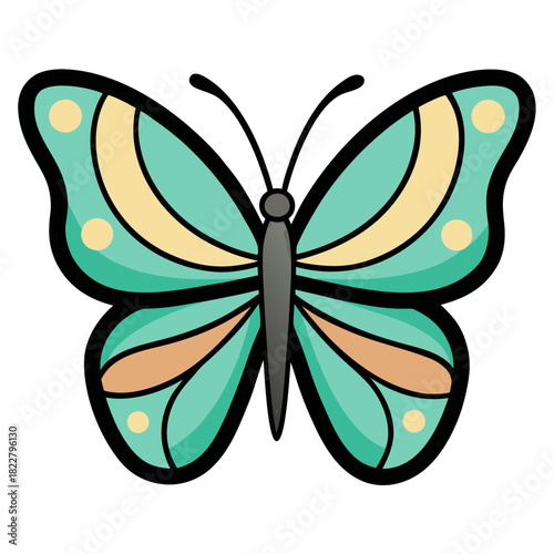 Teal and yellow butterfly illustration with dark outline Keywords: butterfly, insect, teal, yellow, orange, light blue, grey, black outline, wings