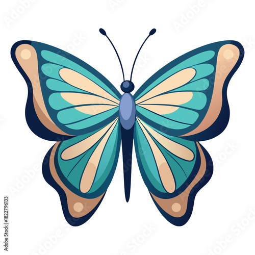 Teal and tan butterfly illustration with dark outline Keywords: butterfly, insect, teal, tan, beige, blue, dark blue, grey, black outline, wings