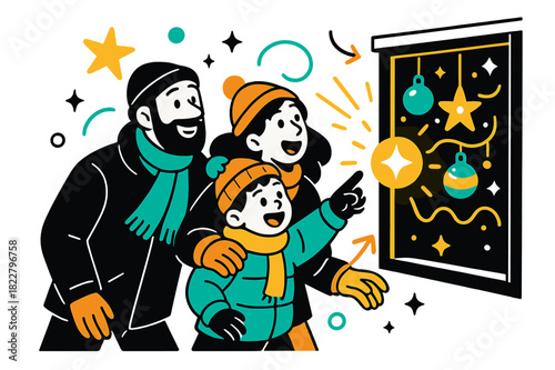 Family Holiday Window Admiration. Family outing. Parents and child bundled up, pointing at glowing decorations