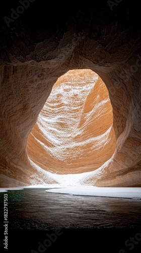 A view from inside a dark canyon, looking out towards a brightly lit opening. A river flows in the foreground, with snow lining its banks and the canyon walls.