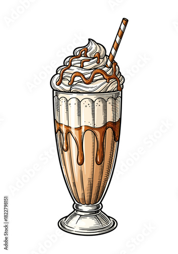Hand drawn caramel milkshake with whipped cream for retro cafe menu or food blog vector design