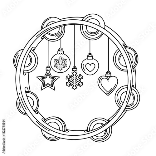Christmas tambourine with hanging baubles for coloring book or holiday music vector illustration