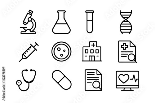 Scientific Icon Set. Scientific discovery kit. Line outline icon set of scientific discovery kit: microscope,