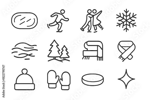 Holiday Ice Skating Icons. Holiday Ice Skaters. Line outline icon set of Holiday Ice Skaters: ice rink, skater