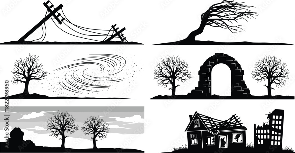 Naklejka premium Set of black silhouette vector illustrations depicting natural disaster scenes, including damaged buildings, fallen power poles, strong wind, and desolate