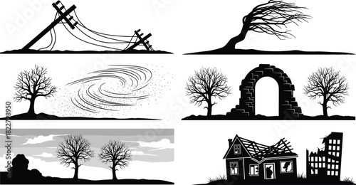 Set of black silhouette vector illustrations depicting natural disaster scenes, including damaged buildings, fallen power poles, strong wind, and desolate 