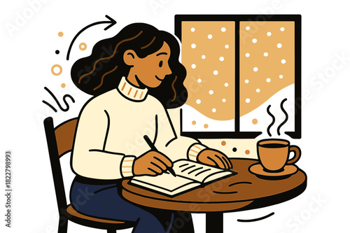 Cozy Winter Writing. Winter cafe writing. Person sitting at table by window, journal open, warm drink steaming