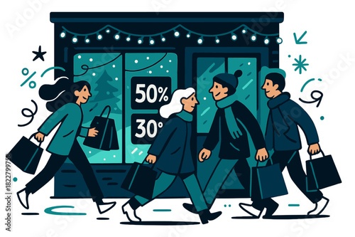 Festive Storefront Buzz. Evening lights. Storefront aglow with Christmas lights, glowing discount signs in