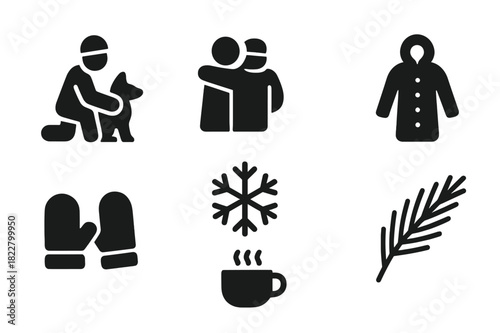 Winter Companions Icons. Winter companions. Filled icon set of winter companions: person with dog, friends