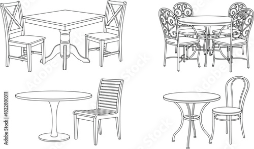 Set of black outline vector illustrations featuring various modern and vintage dining tables and chairs, suitable for home interior design, cafe layouts, and restaurant concepts