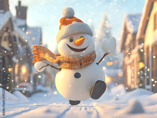 Funny energetic snowman running through a snow-covered path