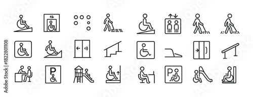 Accessibility icons set: wheelchair, elevator, braille, playground