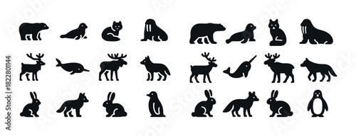 Silhouettes of arctic and woodland animals in simple black icons