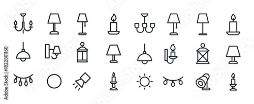 Collection of linear lamp icons featuring chandeliers and lanterns