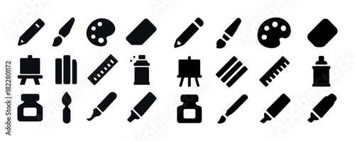 Black and white art tools icons set featuring paintbrush, palette, easel