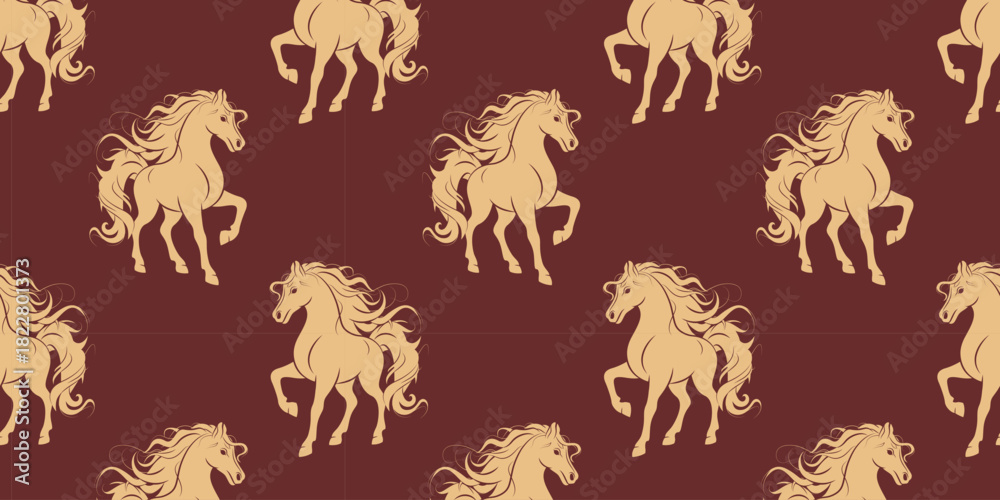 Fototapeta premium Gold horse silhouette seamless pattern, symbol of the Lunar New Year 2026. Vector background for festive design, banner, greeting card, wrapping paper, textile