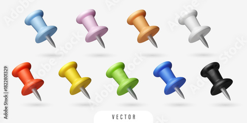 3D map pin set. Plastic office thumbtack in different colors. Isolated vector design elements