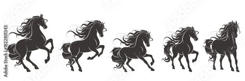 Silhouette horse set, symbol of Chinese New Year 2026. Black vector elements isolated on white background