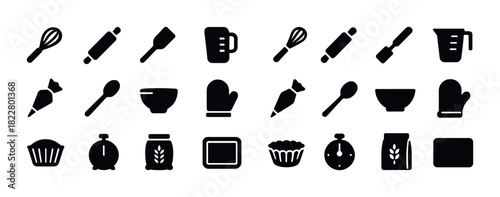 Black baking icons set: whisk, rolling pin, measuring cup, spoon, baking mitt
