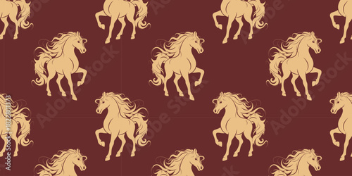 Gold horse silhouette seamless pattern, symbol of the Lunar New Year 2026. Vector background for festive design, banner, greeting card, wrapping paper, textile