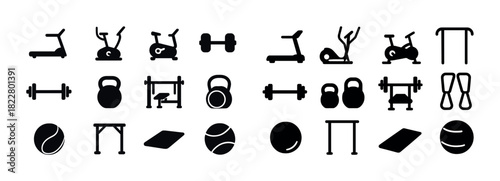 Fitness equipment icons set: treadmill, dumbbells, kettlebells, exercise bikes, bars