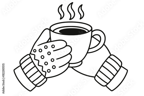 Gloved Hands with Coffee. Stylish gloves holding coffee children?s coloring book illustration, outlined