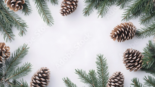 Pine cones and green pine branches arranged together on white background