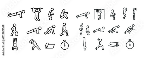 Set of exercise icons featuring various workout poses and equipment